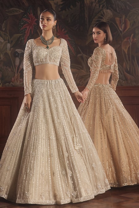 Roqa_Ivory Net Sequins, Pearls, Beads, Embroidery Sweetheart Neck Lehenga Set _at_Aza_Fashions
