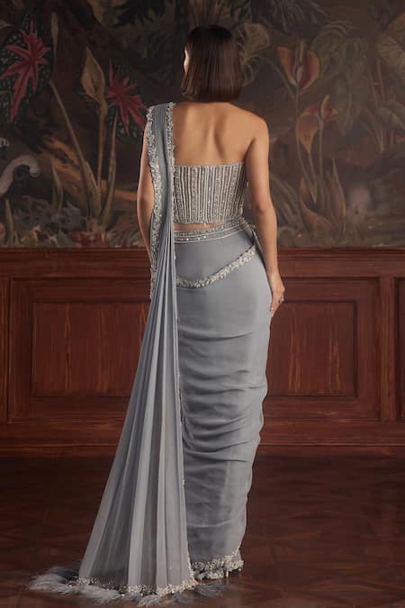 Roqa Floral Embroidered Pre-Draped Saree & Corset 