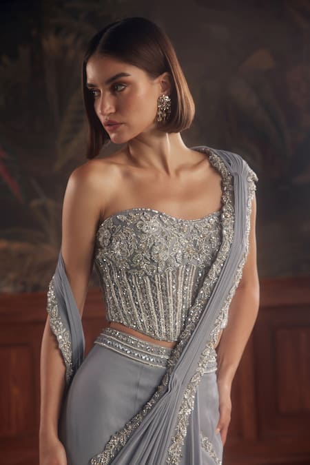 Roqa_Blue Net, Georgette Beads, Sequins, Floral Embroidered Pre-draped Saree And Corset _Online_at_Aza_Fashions