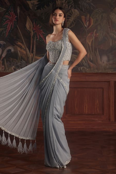 Buy_Roqa_Blue Net, Georgette Beads, Sequins, Floral Embroidered Pre-draped Saree And Corset _Online_at_Aza_Fashions