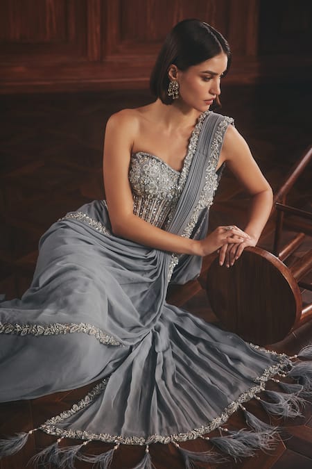 Shop_Roqa_Blue Net, Georgette Beads, Sequins, Floral Embroidered Pre-draped Saree And Corset _Online_at_Aza_Fashions