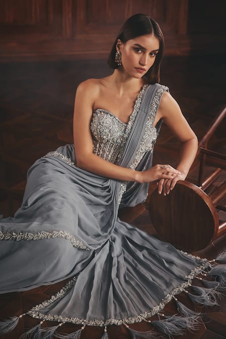 Roqa_Blue Net, Georgette Beads, Sequins, Floral Embroidered Pre-draped Saree And Corset _at_Aza_Fashions