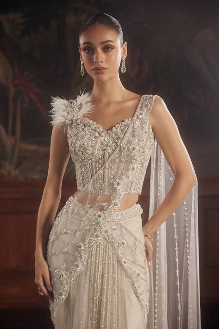 Roqa_Ivory Net Floral, Sequin, Feather, Leo Embroidered Pre-draped Saree With Corset _Online_at_Aza_Fashions