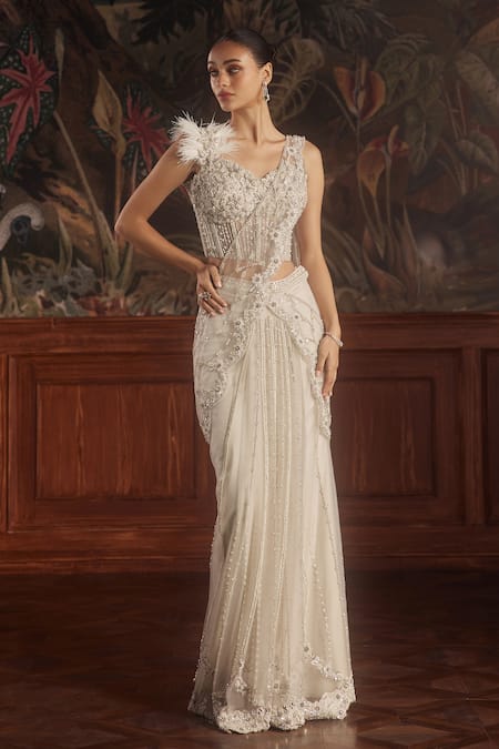 Buy_Roqa_Ivory Net Floral, Sequin, Feather, Leo Embroidered Pre-draped Saree With Corset _Online_at_Aza_Fashions
