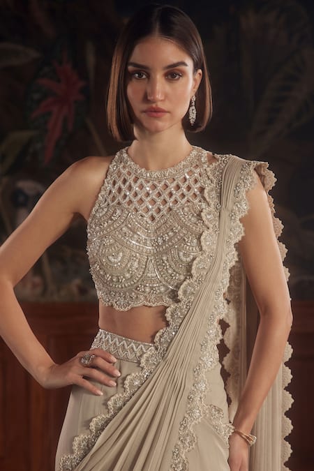 Roqa_Beige Net, Georgette Beads, Sequins, Embroidery Halter Floral Pre-draped Saree _Online_at_Aza_Fashions