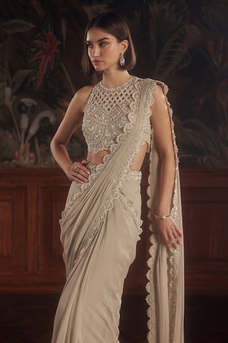 Buy_Roqa_Beige Net, Georgette Beads, Sequins, Embroidery Halter Floral Pre-draped Saree _Online_at_Aza_Fashions