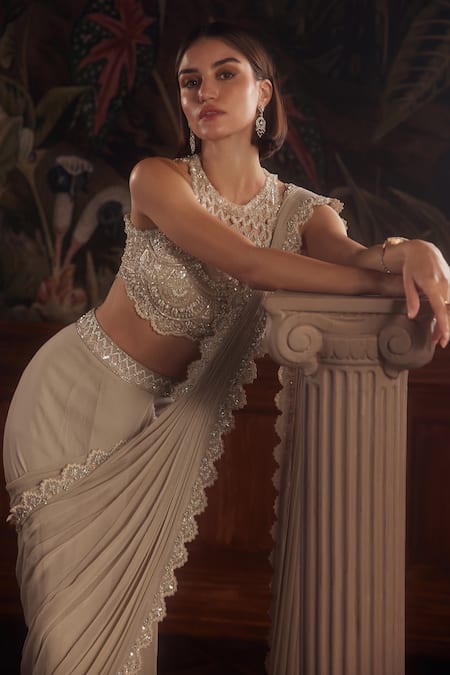 Roqa_Beige Net, Georgette Beads, Sequins, Embroidery Halter Floral Pre-draped Saree _at_Aza_Fashions