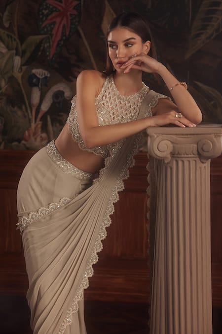 Buy_Roqa_Beige Net, Georgette Beads, Sequins, Embroidery Halter Floral Pre-draped Saree 