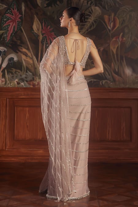 Roqa Dusty Pink Embroidered Pre-Draped Saree & Blouse 