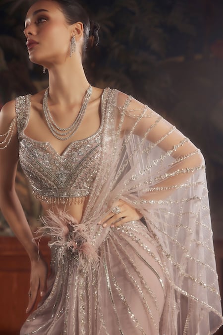 Roqa_Pink Net Sequins, Embroidery, Feathers, Beads Dusty Pre-draped Saree And Blouse _Online_at_Aza_Fashions