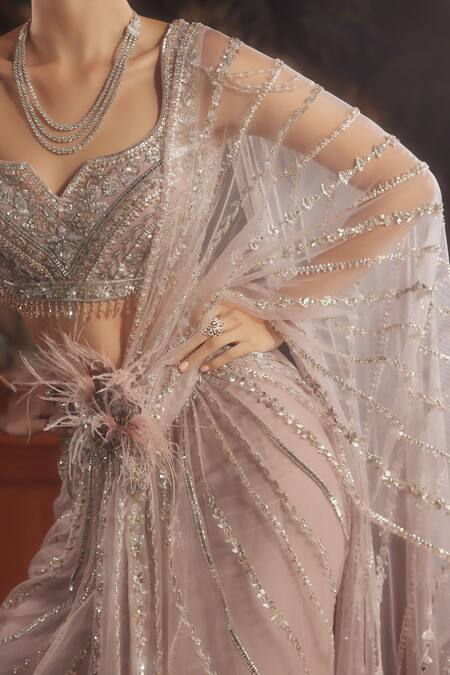 Shop_Roqa_Pink Net Sequins, Embroidery, Feathers, Beads Dusty Pre-draped Saree And Blouse _Online_at_Aza_Fashions