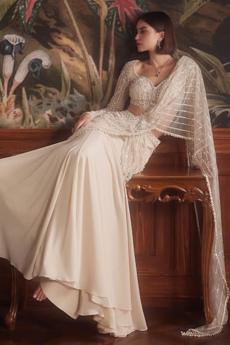 Buy_Roqa_Ivory Net Floral, Perseus Embroidered Pre-draped Lehenga Saree With Blouse _Online_at_Aza_Fashions