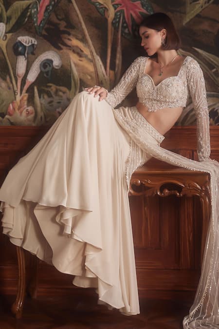 Shop_Roqa_Ivory Net Floral, Perseus Embroidered Pre-draped Lehenga Saree With Blouse _Online_at_Aza_Fashions
