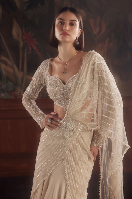 Roqa_Ivory Net Floral, Perseus Embroidered Pre-draped Lehenga Saree With Blouse _at_Aza_Fashions