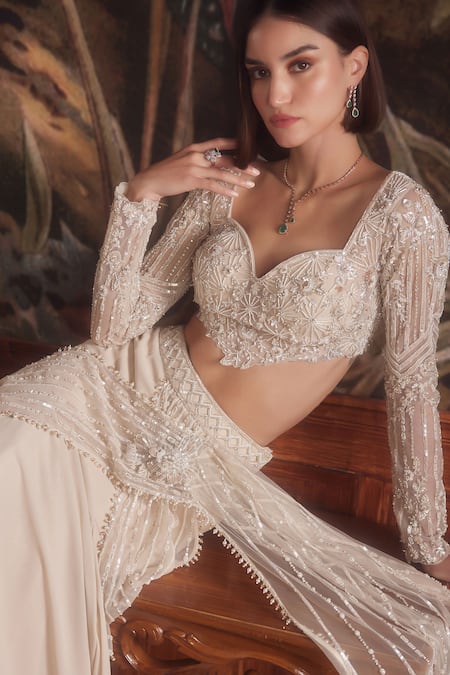 Shop_Roqa_Ivory Net Floral, Perseus Embroidered Pre-draped Lehenga Saree With Blouse 