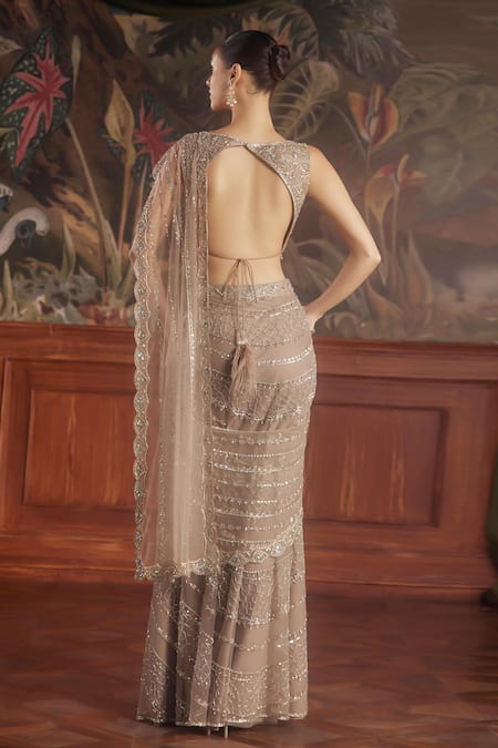 Roqa Beige Embroidered Pre-Draped Saree & Blouse 