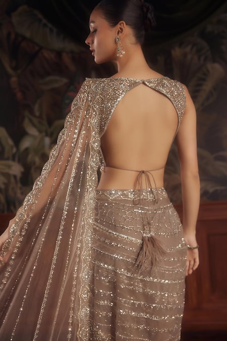 Roqa_Beige Net Sequins, Tassels, Beads Round Embroidered Pre-draped Saree And Blouse _Online_at_Aza_Fashions