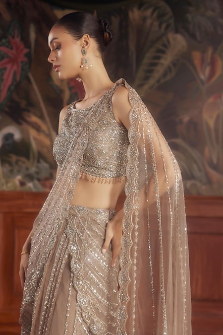 Shop_Roqa_Beige Net Sequins, Tassels, Beads Round Embroidered Pre-draped Saree And Blouse _Online_at_Aza_Fashions