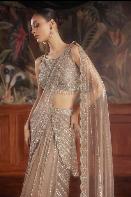 Roqa_Beige Net Sequins, Tassels, Beads Round Embroidered Pre-draped Saree And Blouse _at_Aza_Fashions