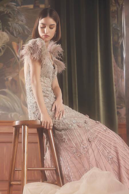 Buy Roqa Purple Net Cutdana, Sequin, 3d Flowers, Mizar Embroidered Mermaid Gown Online at Aza Fashions Buy_Roqa_Purple Net Cutdana, Sequin, 3d Flowers, Mizar Embroidered Mermaid Gown _Online_at_Aza_Fashions