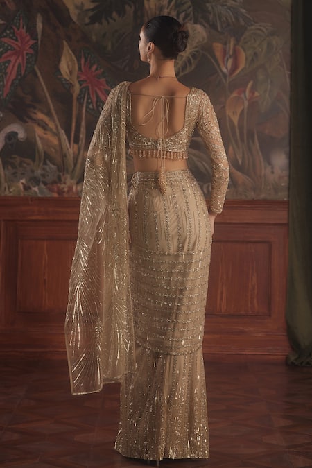 Shop_Roqa_Gold Net Sequins, Embroidery, Crystals, Buckles Geometric Hand Pre-draped Saree _at_Aza_Fashions