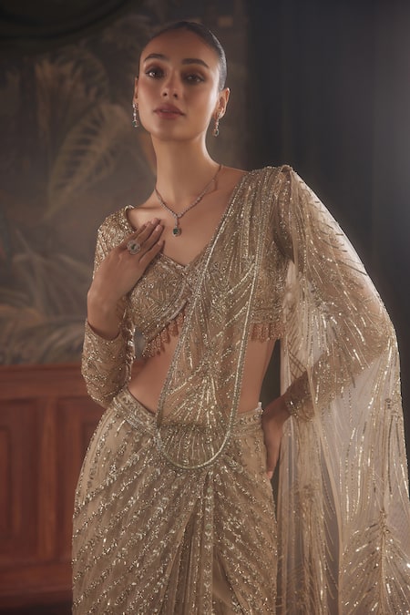 Shop_Roqa_Gold Net Sequins, Embroidery, Crystals, Buckles Geometric Hand Pre-draped Saree _Online_at_Aza_Fashions