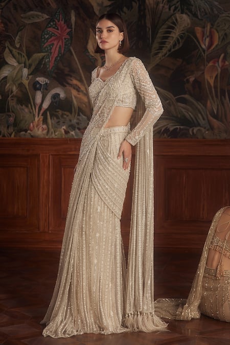 Roqa_Ivory Net Sequins, Embroidery, Pearls, Crystals, Pre-draped Saree With Blouse _Online_at_Aza_Fashions