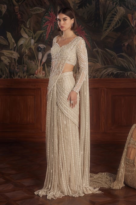 Buy_Roqa_Ivory Net Sequins, Embroidery, Pearls, Crystals, Pre-draped Saree With Blouse _Online_at_Aza_Fashions