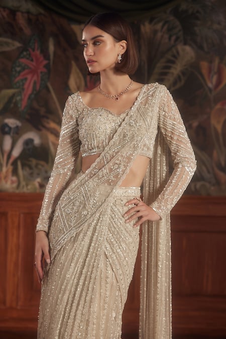 Shop_Roqa_Ivory Net Sequins, Embroidery, Pearls, Crystals, Pre-draped Saree With Blouse _Online_at_Aza_Fashions