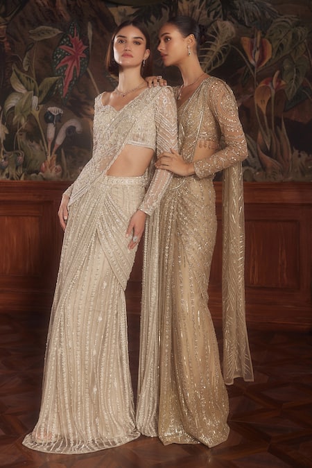 Roqa_Ivory Net Sequins, Embroidery, Pearls, Crystals, Pre-draped Saree With Blouse _at_Aza_Fashions
