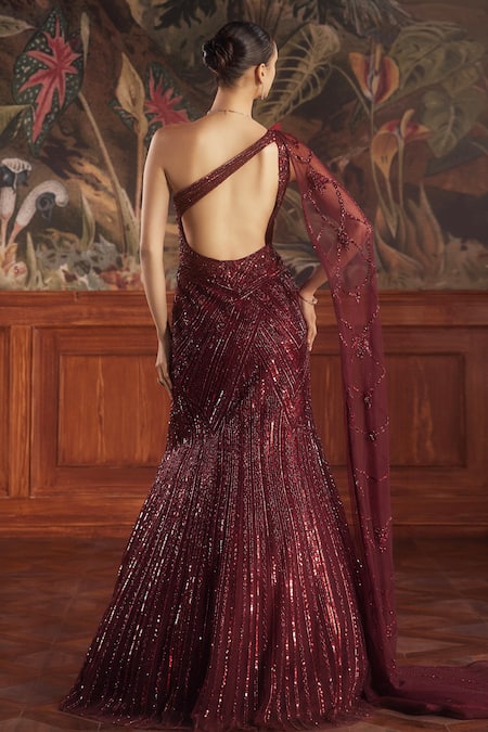 Shop_Roqa_Maroon Net Sequins, Beads, Stones Asymmetric Mermaid Gown _at_Aza_Fashions
