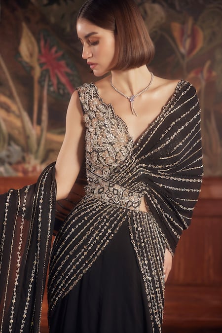 Roqa Black Blouse Net, Saree Georgette Cutdana, Maira Pre-draped Lehenga With Online at Aza Fashions Roqa_Black Blouse Net, Saree Georgette Cutdana, Maira Pre-draped Lehenga With _Online_at_Aza_Fashions