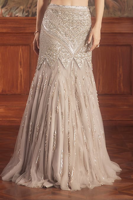 Roqa Grey Net Cutdana, Geometric, Crater Embroidered Mermaid Lehenga Cape Set Online at Aza Fashions Roqa_Grey Net Cutdana, Geometric, Crater Embroidered Mermaid Lehenga Cape Set _Online_at_Aza_Fashions