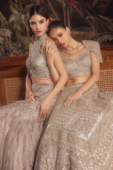 Roqa Grey Net Cutdana, Geometric, Crater Embroidered Mermaid Lehenga Cape Set at Aza Fashions Roqa_Grey Net Cutdana, Geometric, Crater Embroidered Mermaid Lehenga Cape Set _at_Aza_Fashions