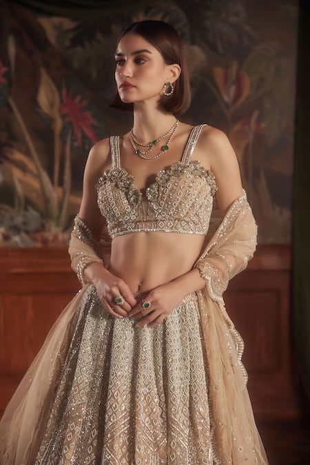 Roqa_Peach Net Cut Work, Sequins, Pearls Sweetheart Geometric Embroidered Lehenga Set _Online_at_Aza_Fashions