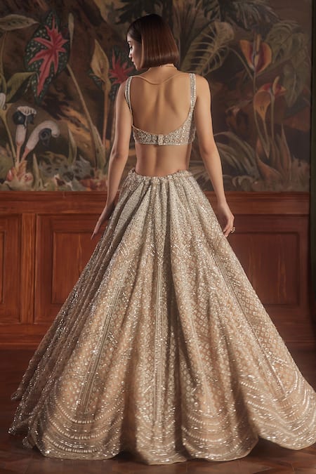 Roqa Peach Geometric Embroidered Lehenga Set 