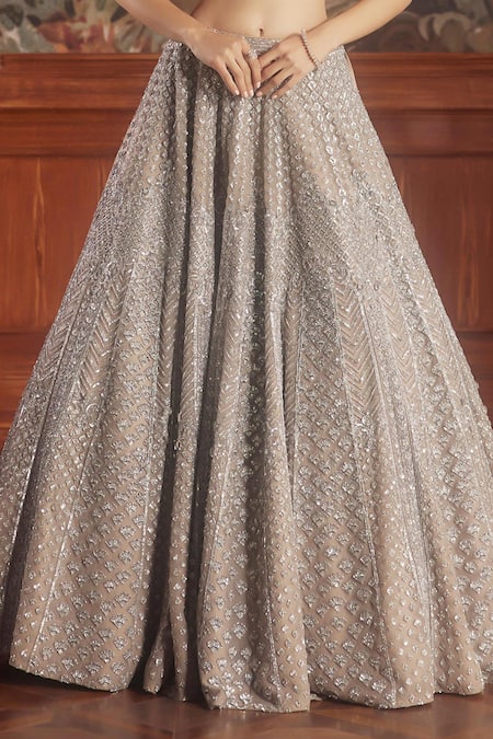 Buy_Roqa_Gray Net Sequins, Crystals, Buckles Grey Geometric Embroidered Lehenga Set _Online_at_Aza_Fashions