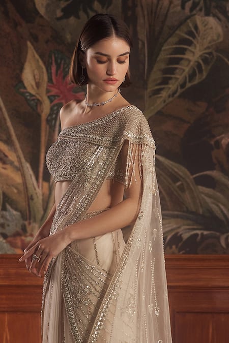 Roqa_Beige Net Sequins, Cut Work, Pearls Embroidered Pre-draped Saree And Blouse _Online_at_Aza_Fashions