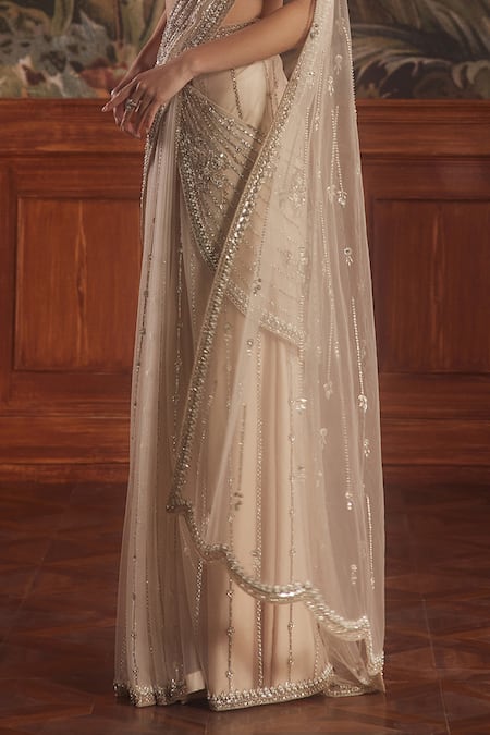 Buy_Roqa_Beige Net Sequins, Cut Work, Pearls Embroidered Pre-draped Saree And Blouse _Online_at_Aza_Fashions