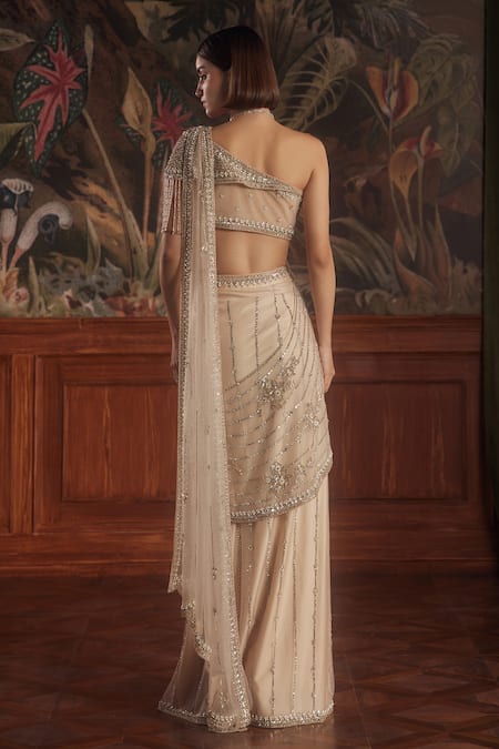 Shop_Roqa_Beige Net Sequins, Cut Work, Pearls Embroidered Pre-draped Saree And Blouse _at_Aza_Fashions