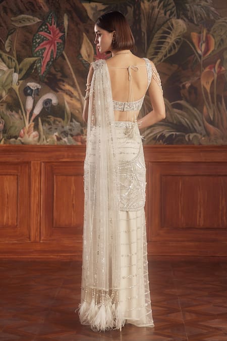 Shop_Roqa_Ivory Net Cut Work, Sequins, Pearls Square Neck Embroidered Pre-draped Saree Set _at_Aza_Fashions