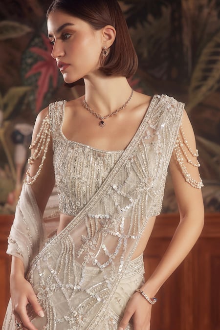 Shop_Roqa_Ivory Net Cut Work, Sequins, Pearls Square Neck Embroidered Pre-draped Saree Set _Online_at_Aza_Fashions