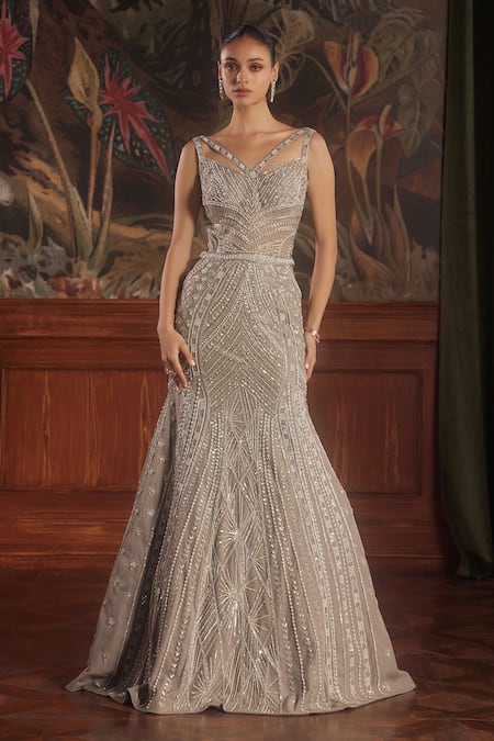 Buy_Roqa_Gray Net Sequins, Pearls, Cut Work Taupe Grey Hand Embroidered Gown And Cape _Online_at_Aza_Fashions
