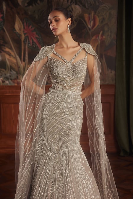 Shop_Roqa_Gray Net Sequins, Pearls, Cut Work Taupe Grey Hand Embroidered Gown And Cape _Online_at_Aza_Fashions