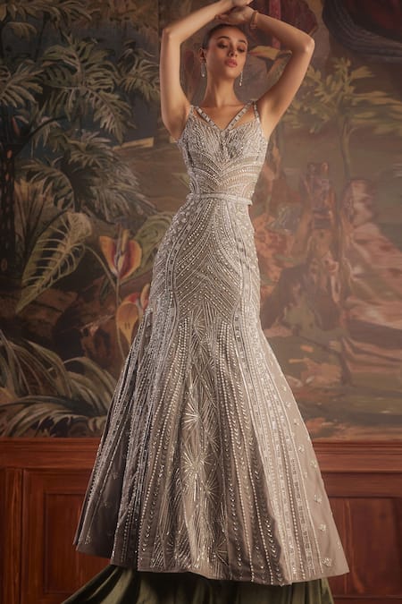 Roqa_Gray Net Sequins, Pearls, Cut Work Taupe Grey Hand Embroidered Gown And Cape _at_Aza_Fashions