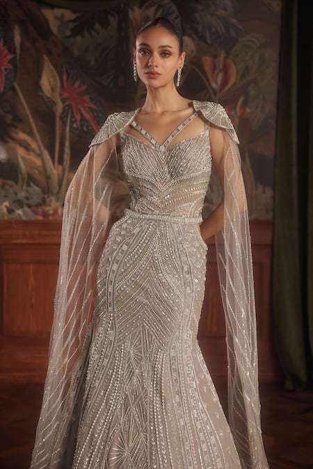 Buy_Roqa_Gray Net Sequins, Pearls, Cut Work Taupe Grey Hand Embroidered Gown And Cape 