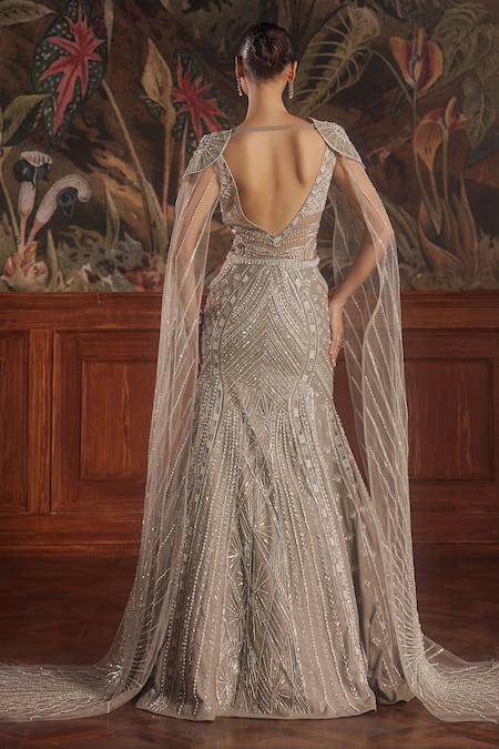Shop_Roqa_Gray Net Sequins, Pearls, Cut Work Taupe Grey Hand Embroidered Gown And Cape _at_Aza_Fashions