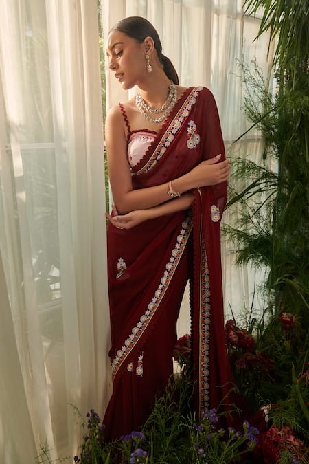 Tilsim By Sagarika Mehrotra_Maroon Georgette, Shimmer Chiffon Amarryllis Embroidered Saree With Blouse _Online_at_Aza_Fashions