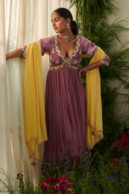 Shop Tilsim By Sagarika Mehrotra Purple Crepe, Chiffon, Lycra Sequins, Beads, Anarkali Set With Dupatta at Aza Fashions Shop_Tilsim By Sagarika Mehrotra_Purple Crepe, Chiffon, Lycra Sequins, Beads, Anarkali Set With Dupatta _at_Aza_Fashions