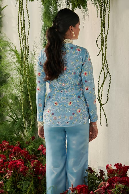 Shop Tilsim By Sagarika Mehrotra Blue Organza Embroidery, Beads Round Neck Floral Kurta And Pant Set at Aza Fashions Shop_Tilsim By Sagarika Mehrotra_Blue Organza Embroidery, Beads Round Neck Floral Kurta And Pant Set _at_Aza_Fashions